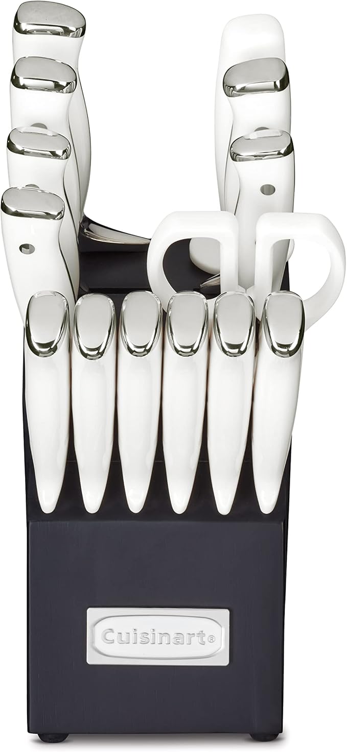 Cuisinart 15-Piece Knife Set with Block, High Carbon Stainless Steel, Forged Triple Rivet, White/Navy C77WTR-15PN