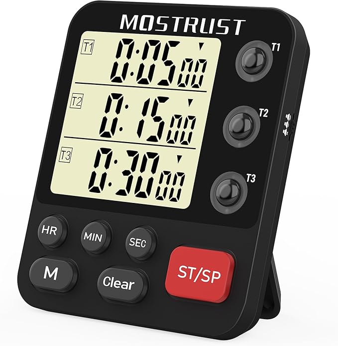 Digital Dual Kitchen Timer, 3 Channels Triple Countdown Timer for Cooking, Magnetic Memory-Preset Large Display Adjustable Volume, Multi Time Management, 3A Battery Included, Black