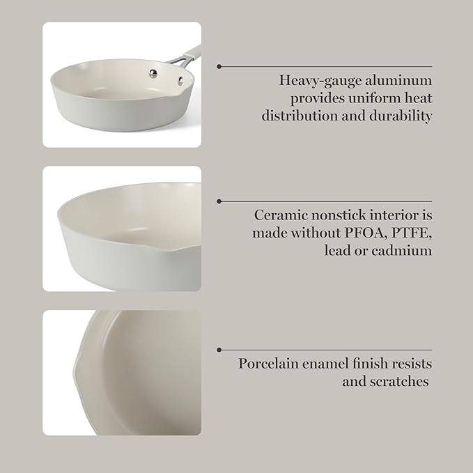 Martha Stewart Heathland 8 Inch Aluminum Fry Pan Cookware Non-Toxic Premium Ceramic Non Stick Frying Pan, Kitchen Egg Pan, Omelet Pan, Always Pan, Pots and Pans, Linen White, Induction Safe