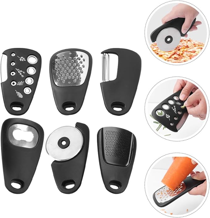 Multi-functional Kitchen Gadgets Set with Vegetable Peeler, Cheese Grater, Garlic Grinder, and Pizza Cutter – Stainless Steel Tools for Food Preparation and Cooking, for Home