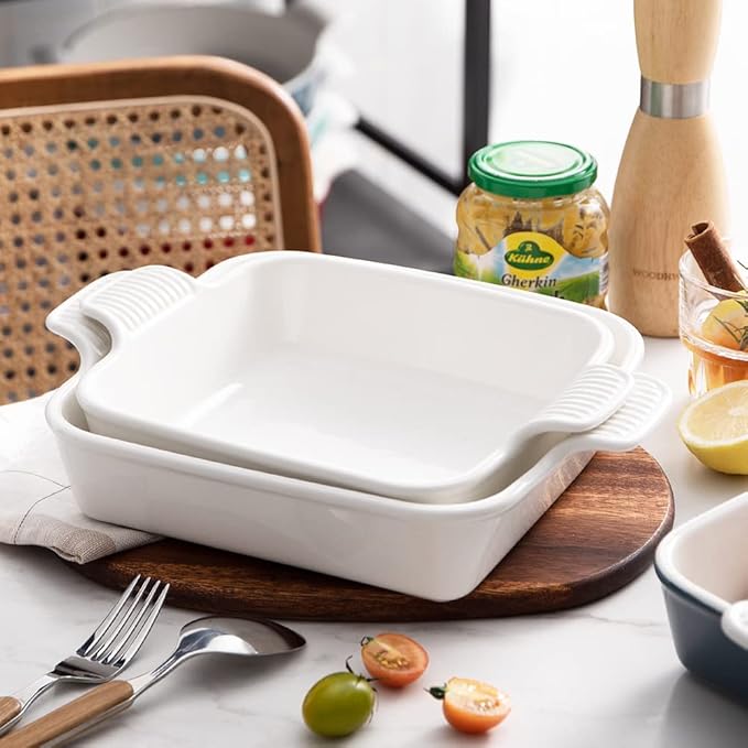 Sweejar Ceramic Baking Dish, 9 x 9 Cake Baking Pan for Brownie, Porcelain Square Bakeware with Double Handle for Casserole, Lasagna, Family Dinner (White)