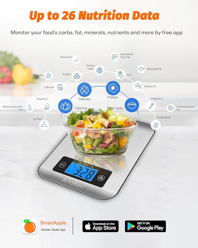 Ataller Smart Food Scales with Nutritional Calculator, Smartphone App with 26 Nutrients Tracking, Calorie, Marco, Digital Kitchen Weight Grams and Ounces for Weight Loss, 11 Pounds, Stainless Steel