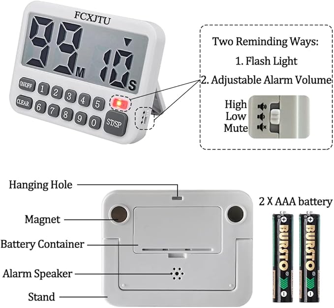 FCXJTU Digital Kitchen Timer, Large Display Countdown/Up Timer with Digits Directly Input, Fast Setting, Loud Alarm, ON/Off, Magnetic Back Stand for Cooking, Baking, Study