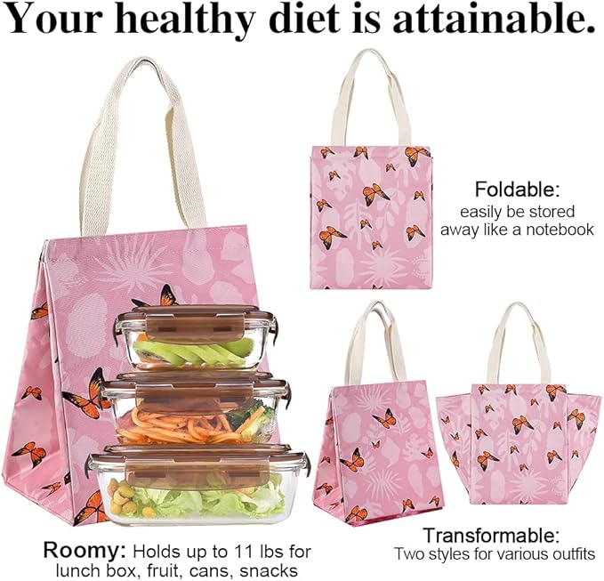 iknoe Insulated Lunch Bag for Women, 9L Sturdy Wide-Open Foldable & Portable Lunch Tote with Interior Pockets, Water-resistant Thermal Lunch Cooler for Adults Picnic Beach-Pink Butterfly