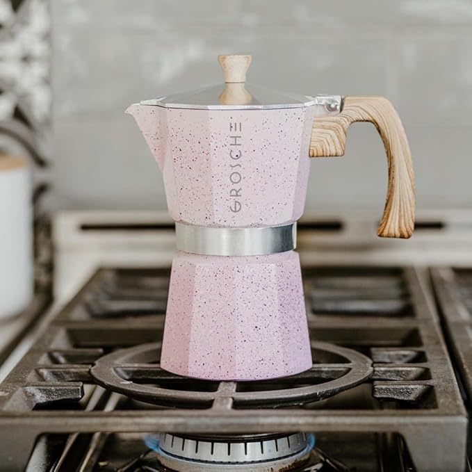 GROSCHE Milano Moka pot, Stovetop Espresso maker, Greca Coffee Maker, Stovetop coffee maker and espresso maker percolator (Pink, 9 cup)
