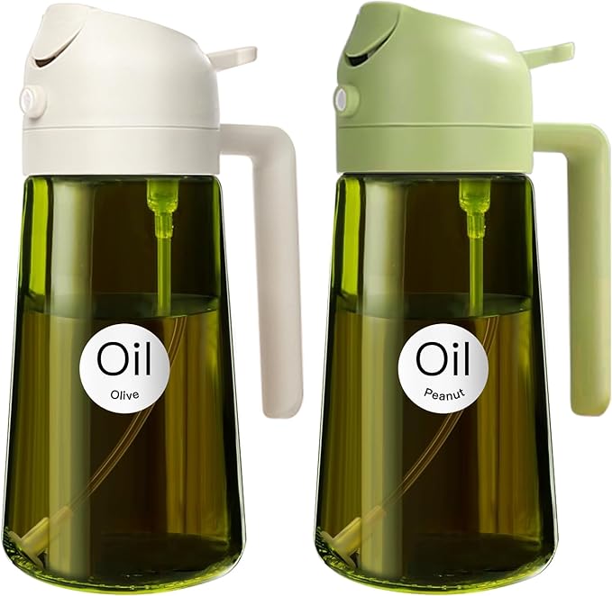 YARRAMATE 2PCS 16oz/470ml Oil Sprayer for Cooking with Stickers, Food-Grade 2 in 1 Olive Oil Dispenser Bottle for Kitchen, Premium Dark Green Glass Oil Bottle for Air Fryer, BBQ (White & Green)