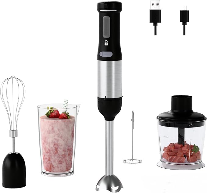 Cordless Immersion Hand Blender, 5-in-1 Variable Speed blender handheld,Rechargeable with 2000mAh Battery, BPA-Free & Dishwasher-Safe Accessories:700ml Beaker,Chopper,Whisk & Milk Frother,Ink