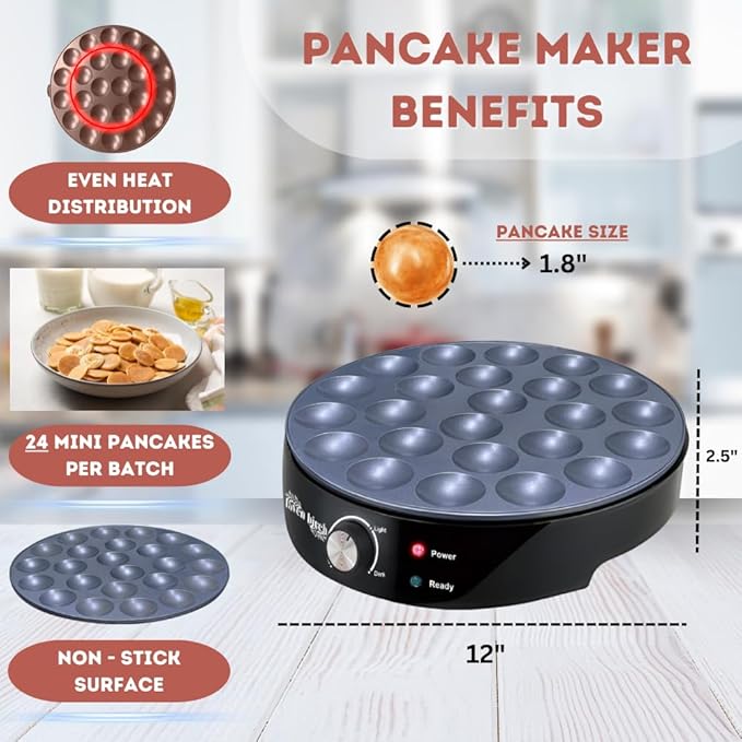 24PCS Mini Pancake Maker Machine, Nonstick Electric Dutch Pancakes Griddle, Adjustable Heat Multi-Use Poffertjes Pan, Simple & Easy Baker for Home and Restaurants, Perfect for Breakfast & Desserts