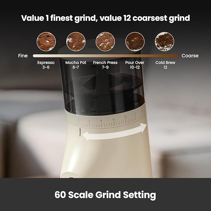 Gemilai Electric Conical Burr Coffee Grinder, Coffee Bean Grinder with Smart 60S Timer, 60 Precise Adjustable Grind Settings for Espresso, 2-12 Cup, Easy to Clean, Durable & Quiet, G9010B White
