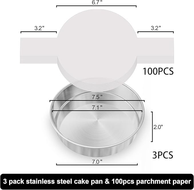 7 Inch Round Cake Pans Set of 3, Nonstick Stainless Steel Baking Pans Set with 100PCS Parchment Papers, Heavy Duty Durable Birthday Wedding Circle Layer Cake Pans Sets for Baking, Dishwasher Safe