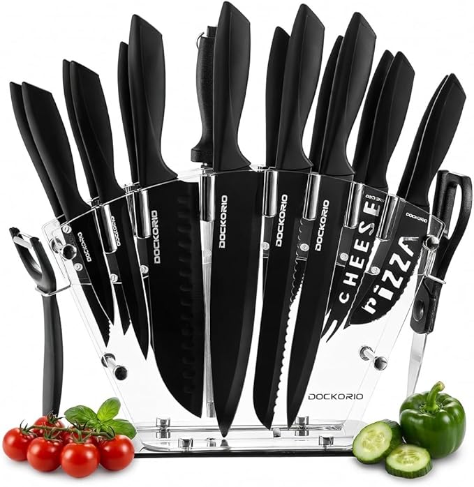 Kitchen Knife Set with Block, 19 PCS High Carbon Stainless Steel Sharp includes Serrated Steak Knives Set, Chef Knives, Bread Knife, Scissor, Sharpener, all in one