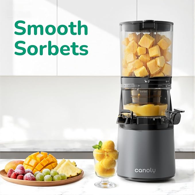 Canoly C16 Cold Press Juicer, 6" Extra Wide Feed Chute, 3-IN-1 Strainers (Juice & Sorbet & Nut Milk), Powerful AC Brushless Motor, Self Precut System, Juicer Machines with BPA-Free (Space Gray)