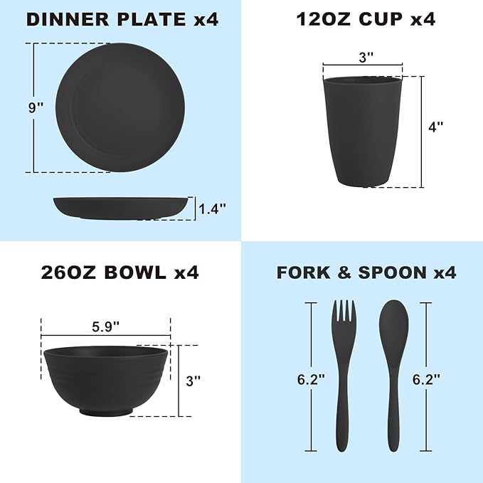 Wheat Straw Dinnerware Sets, Unbreakable Kids Plates and Bowls Sets 20-Piece Service for 4, Alternative Plastic Outdoor Camping Dishes, Microwave & Dishwasher Safe - Black