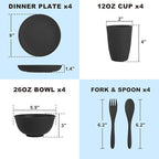 Wheat Straw Dinnerware Sets, Unbreakable Kids Plates and Bowls Sets 20-Piece Service for 4, Alternative Plastic Outdoor Camping Dishes, Microwave & Dishwasher Safe - Black