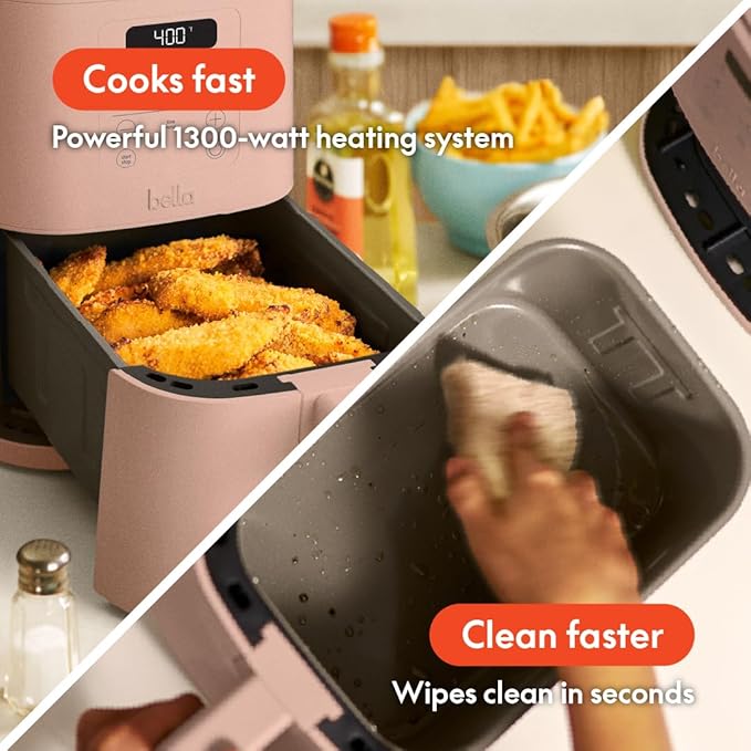 bella 4Qt Slim Air Fryer, Fits-anywhere™ Kitchenware, EverGood™ Ceramic Nonstick Coating, Adjustable Temperature, 6 Preset Cooking Options, 60 Min Auto Shutoff w Audible Tone, 3.3lb Capacity, Blossom