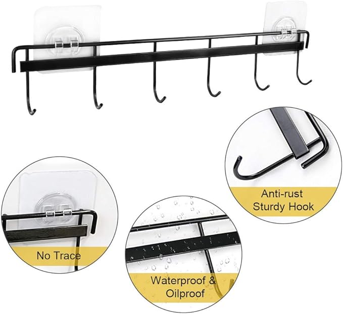 YiZhi Adhesive Wall Hooks Rack Kitchen Rail, Space Saving Utensil Holder No Drilling Wall Mounted Accessory Hanger with 6 Hooks for Kitchen Bathroom Bedroom Pack of 2 (Black)
