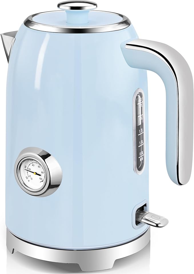 SUSTEAS Electric Kettle - 57oz Hot Tea Kettle Water Boiler with Thermometer, 1500W Fast Heating Stainless Steel Tea Pot, Cordless with LED Indicator, Auto Shut-Off & Boil Dry Protection, Blue