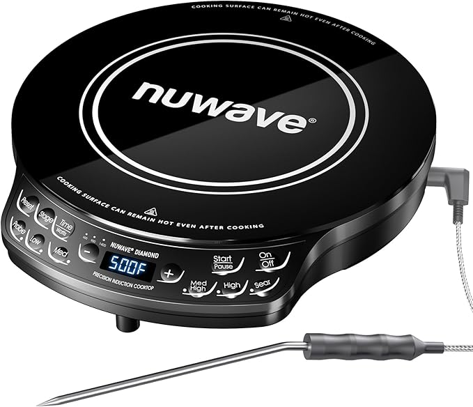 Nuwave Portable Induction Cooktop Diamond with Probe, Advanced Countertop Burner, 91 Temps from 100°F to 500°F, 12”Shatter-Proof Ceramic Glass & 6.5”Heating Coil, Ideal for RV Camp,Small Apt,Travel