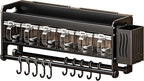 Hanging Wall Mount knife Wall Mount,Condiment Cup, Space-Saving Knife Rack with Hooks, Kitchen Organizer Storage Shelf for Utensils Spatula Spoon, Kitchen Utensil Hanger (Black, 48cm+6Cups+10Hooks)