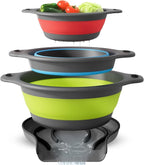 Gevoli Collapsible Colanders with Self-Draining Base for Edge of Sink, Food Strainers (Small/Med/Large), Nested Design for Easy Storage (Red, Blue, Green) (4PC Set)
