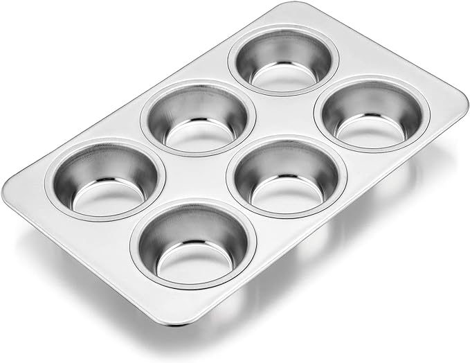 E-far Stainless Steel Muffin Pan, 6-Cup Cupcake Pan Tin for Baking, Metal Muffin Pan Tray Mold, Non-toxic & Healthy, Oven & Dishwasher Safe, Regular Size - 11.44 x 7.12 x 1.25 Inch