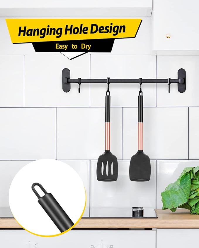 Pack of 2 Silicone Solid Turner, Non Stick Slotted Kitchen Spatulas, High Heat Resistant BPA Free Cooking Utensils, Ideal Cookware for Fish, Eggs, Pancakes(Rose Gold Black)