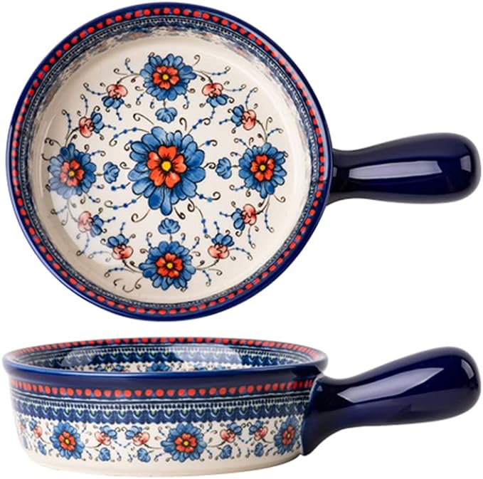 Blue and Orange Flower Vintage Style Ceramic Bakeware Casserole Dish Baking Pan Lasagna Pans Baking Dish with Handles for Oven/Cooking/Kitchen-1 PCS-20 OZ