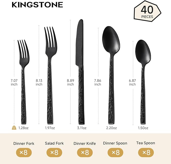 KINGSTONE 40 Pcs Black Hammered Silverware Set for 8, 18/10 Stainless Steel Heavy Duty Flatware Set, Tableware Cutlery Utensil Sets for Home Restaurant Dishwasher Safe