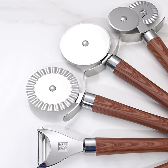 6-Piece Kitchen Tools and Gadgets Set with Wood Imitation Handle BRIIEC Stainless Steel Cooking Utensils Kitchen Accessories Includes Can Opener Garlic Press Peeler