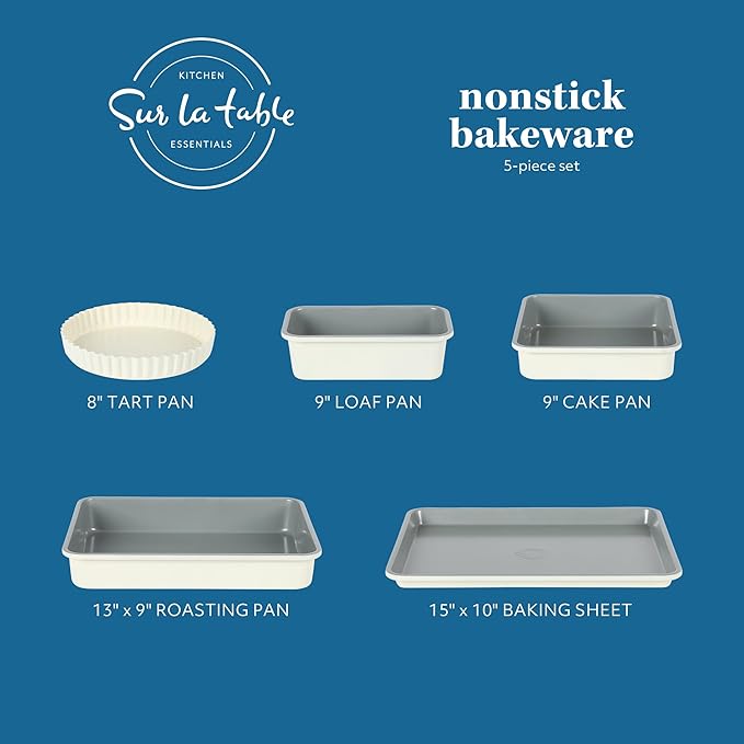 Sur La Table Kitchen Essential Carbon Steel Baking Pans Bakeware Set W/Premium PFOA, PFAS, PTFE Free Grey Non stick - Linen White Exterior