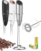 SIMPLETASTE Milk Frother Handheld Electric Foam Maker, Drink Mixer with Stainless Steel Whisk for Cappuccino, Bulletproof Coffee, Latte, Gray, with Stand, Battery Operated