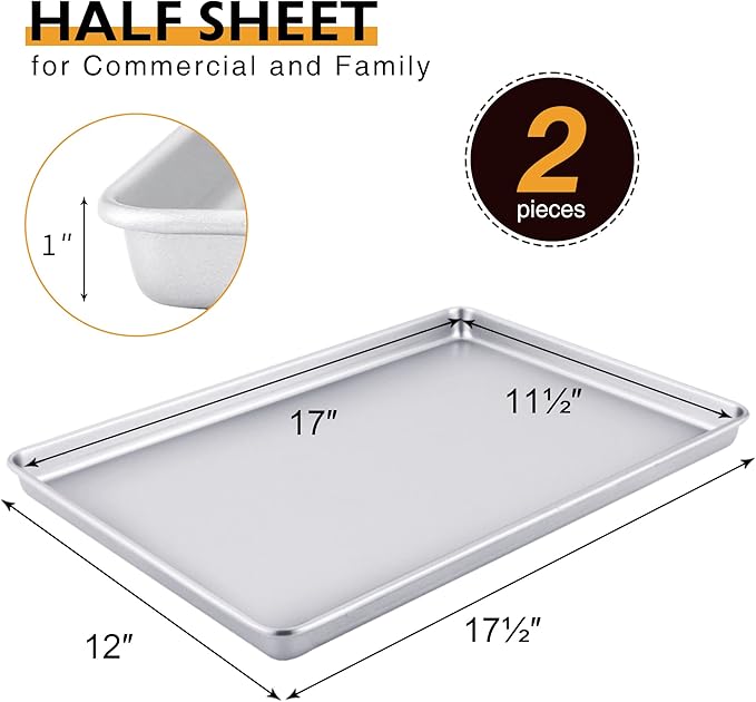HONGBAKE Half Baking Sheet Pan Set of 2, Nonstick Cookie Sheet for Oven, Heavy Duty 1/2 Commercial Cookie Trays, Dishwasher Safe - Silver