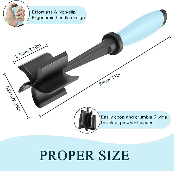 Meat Chopper, 5 Curve Blades Ground Beef Masher, Heat Resistant Meat Masher Tool for Hamburger Meat, Ground Beef, Turkey and More, Nylon Hamburger Chopper Utensil Non-scratch Utensils-blue