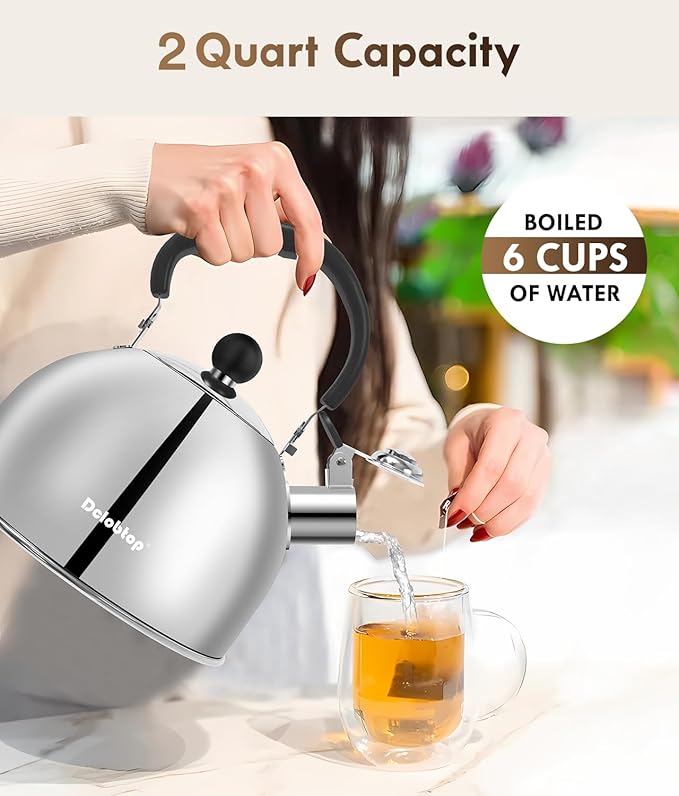 Tea Kettle for Stove Top - Stainless steel Teapot,2 Quart Camping Kettle, Efficient Heating, Audible Whistle, Safe Handle - Hot Water kettle & Tea Pot Stovetop (Silver)