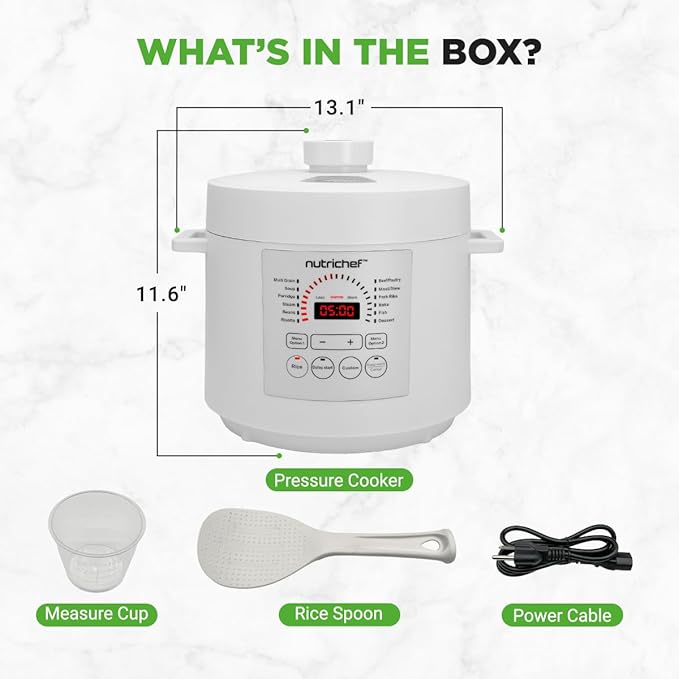 NutriChef Electric Pressure Cooker 6 Quart Capacity | 9 Function Digital Countertop Pressure Cooker | Adjustable Time & Temperature | Cook, Bake, Steam, & Braise | 13.1 x 11.4 IN | White