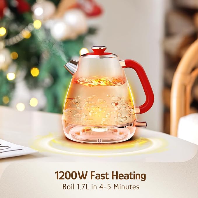 Hazel Quinn Retro Electric Kettle - 1.7 Liters / 57.5 Ounces Tea Kettle with Thermometer, All Stainless Steel, Fast Boiling 1200 W, BPA-free, Cordless, Rotational Base, Automatic Shut Off - Ruby Red