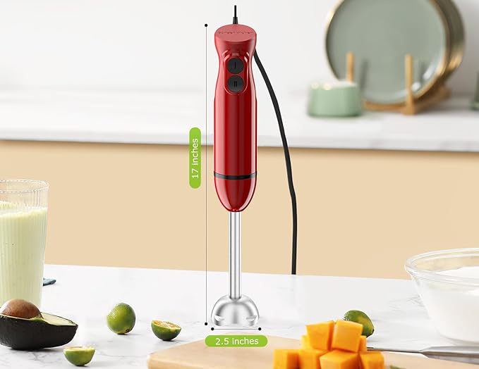Bonsenkitchen Hand Blender, Immersion Blender with 2 Mixing Speed, Portable Electric Handheld Stick Mixer with Stainless Steel Blades for Soup, Smoothie, Puree, Baby Food, Red