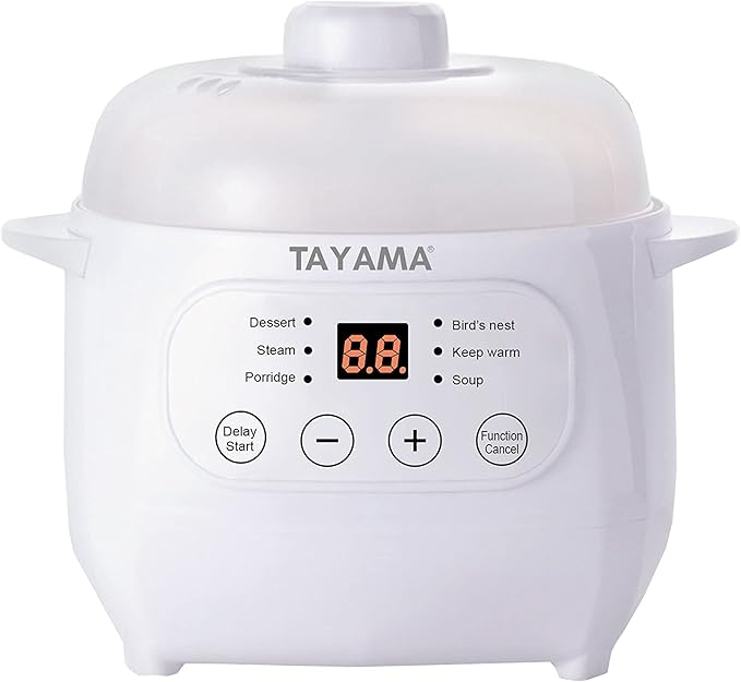 TAYAMA 1 Qt. White Mini Ceramic Stew Cooker with Pre-Settings and Built-In Timer, Small