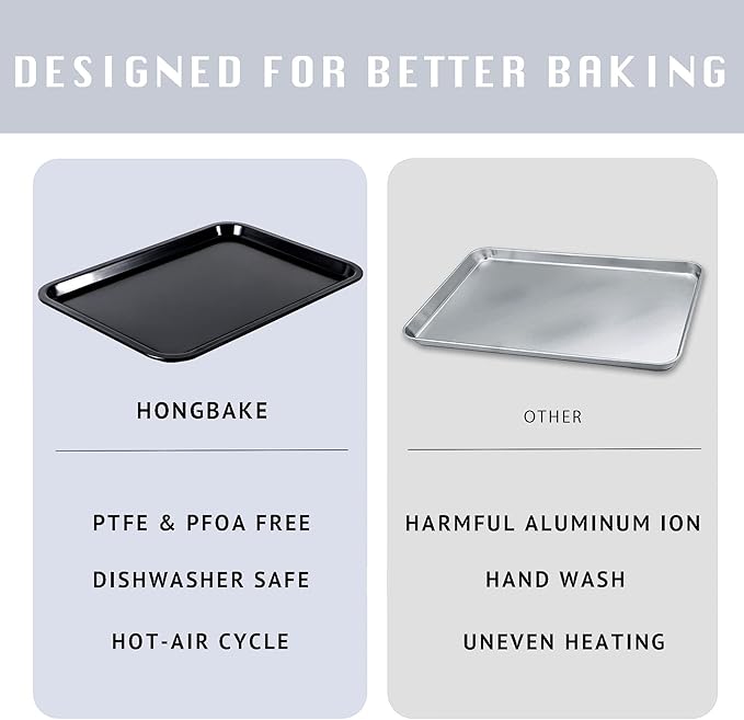 HONGBAKE 2 Pack Quarter Sheet Pan for Baking - Nonstick 13.8 x 9.8 Small Cookie Sheet with Wider Grips, 27% Thicker Carbon Steel Commercial Oven Tray - Black