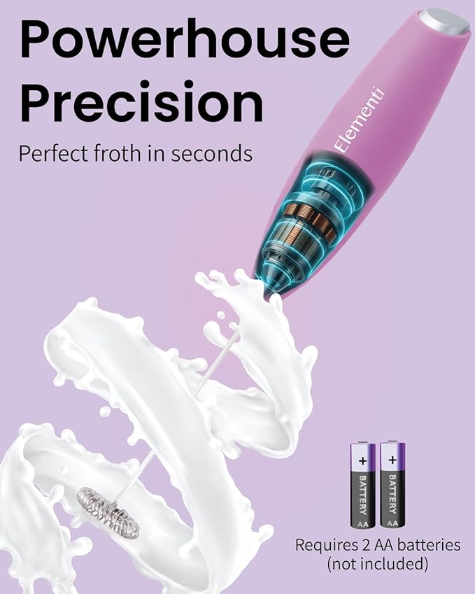 Elementi Electric Pink Milk Frother Handheld - Mini Whisk for Coffee, Matcha and Drinks - Portable Frother & Mixer with Stand (Pastel Pink)