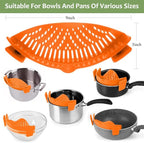 YEVIOR Clip on Strainer for Pots Pan Pasta,Silicone Food Strainer Hands-Free Pan Strainer, Clip-on Kitchen Food Strainer for Spaghetti, Pasta, Ground Beef Fits All Bowls and Pots (Orange)