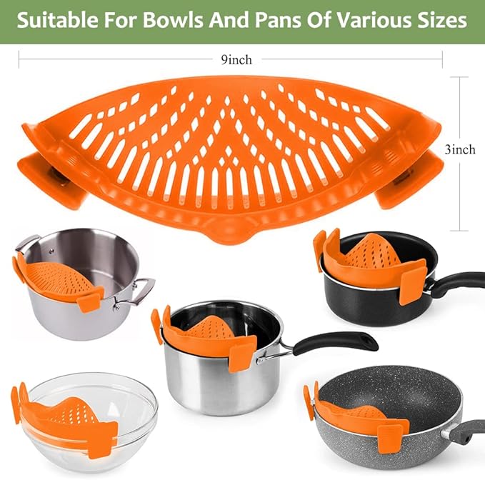 YEVIOR Clip on Strainer for Pots Pan Pasta,Silicone Food Strainer Hands-Free Pan Strainer, Clip-on Kitchen Food Strainer for Spaghetti, Pasta, Ground Beef Fits All Bowls and Pots (Orange)