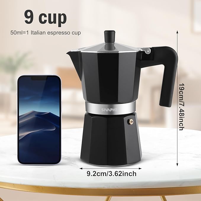 Sivaphe Aluminum Moka Pot 9 Espresso Cups, Percolator Espresso and Coffee Maker, Portable Stovetop Italian and Cuban Café Brewer for Home and Camping Black