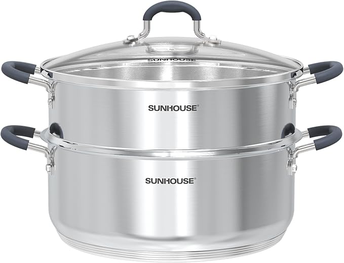 SUNHOUSE - 5.5 Quart Steamer Pots With Lid 2-Tier Multipurpose Stainless Steel Steaming Pot Cookware With Handle For Vegetable, Dumpling, Sauce, Food - Triple Bottom, Measurement Line