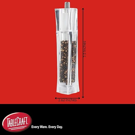 TableCraft 11832, Acrylic Salt and Pepper Mill Combo, 2-in-1 Grinder and Shaker, Clear, 30ml Shaker / 75ml Grinder, Break-Resistant, Square Design, Commercial Foodservice Grade