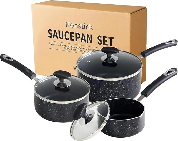 Nonstick Saucepan Set - 3-Pieces Pot Set 1 Quart & 2 Quart & 3 Quart,Ultra Non Stick Sauce Pan Small Pot with Glass Lid,Great for Home Kitchen Restaurant,Black