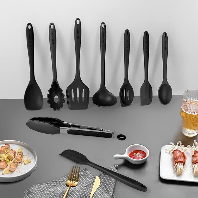 Kitchen Utensil Set - 11 Cooking Utensils - Colorful Silicone Kitchen Utensils - Nonstick Cookware with Spatula Set - Colored Best Kitchen Tools Kitchen Gadgets (Black)