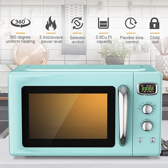 MAT EXPERT 0.9 Cu.ft Microwave Countertop, Digital Timing & 5 Micro Power, 25L Small Microwave w/Glass Turntable & 6 Preset Buttons, Delayed Start Function, 900W Mini Microwave w/Child Lock