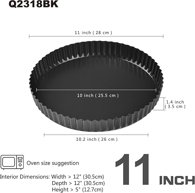 11-Inch Round Tart Pan with Loose Removable Bottom, Non-Stick Carbon Steel Quiche Pan for Oven Baking (Black)