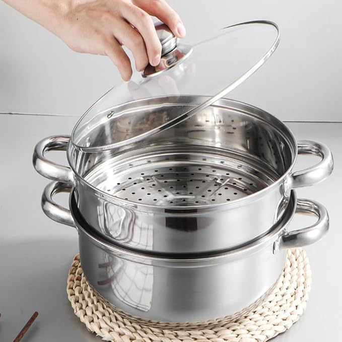 Steamer Pot for Cooking 8.8 inch Steamer Pot 2-tier Multipurpose 18/8 Stainless Steel Steam Pot Cookware with Lid for Vegetable, Dumpling, Stock, Sauce, Food